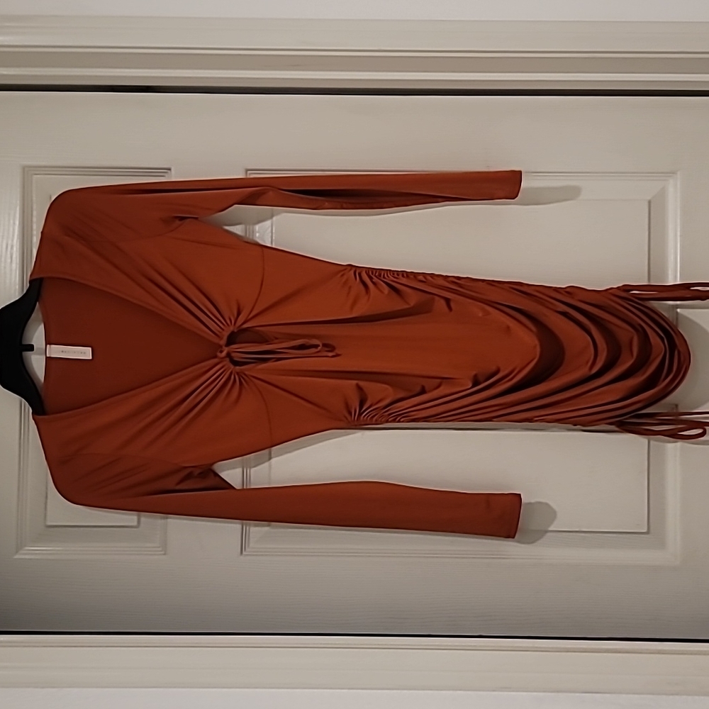 Burnt orange ruched midi dress